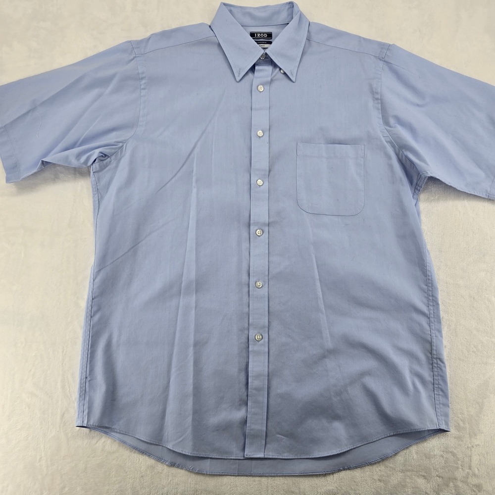 IZOD Button Down Shirt Mens Large Short Sleeve Blue All-Over Stretch Regular Fit